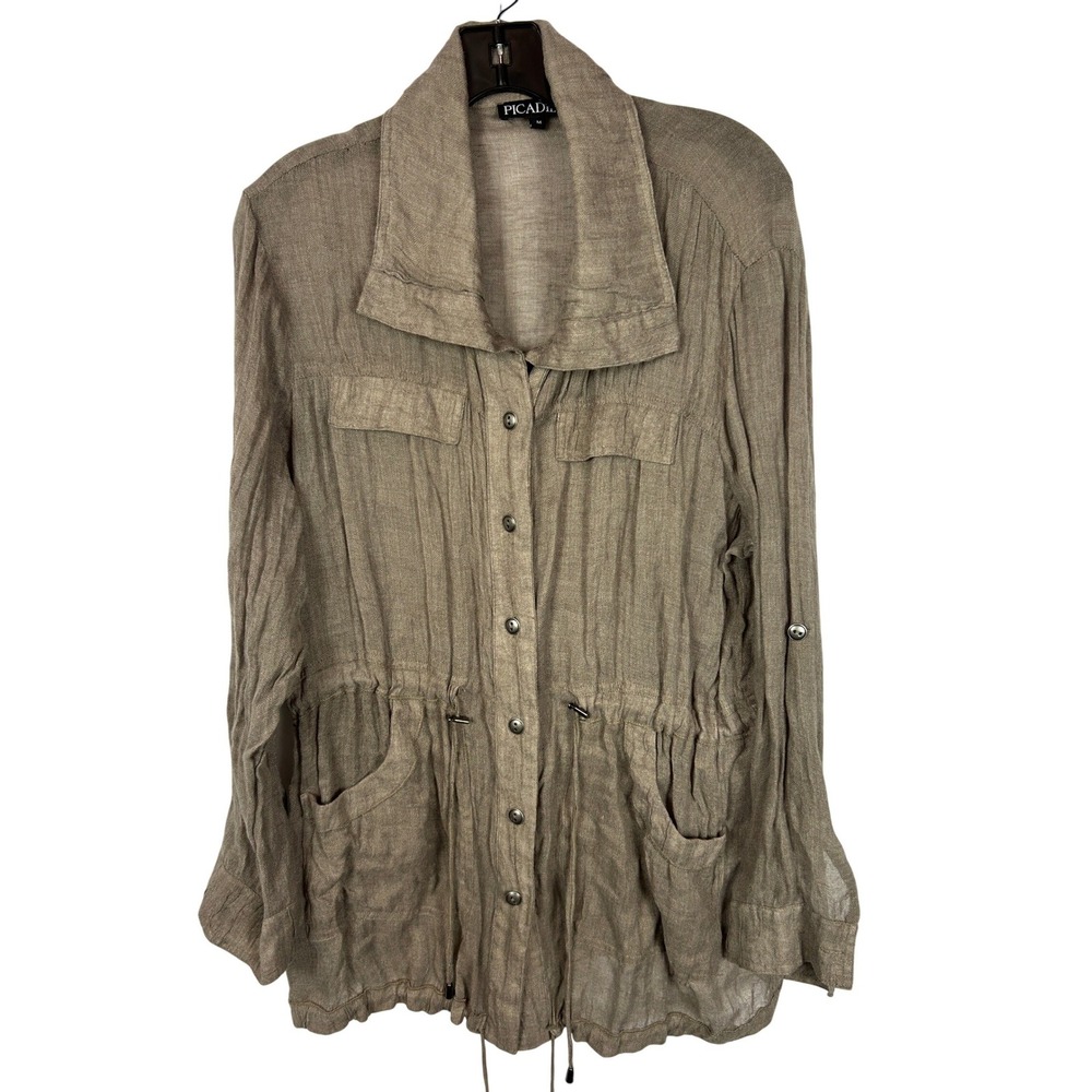 Picadilly Linen Blend Utility Jacket Taupe Brown Drawstring Waist Medium